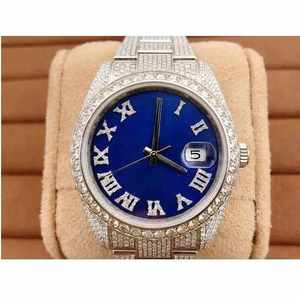 Montre de luxe à mouvement mécanique en acier inoxydable avec verre, entièrement sertie de moissanite, chiffres romains classiques, best-seller - Product Image 1