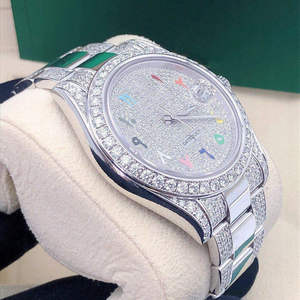 Montre de luxe multicolores avec chiffres, entièrement sertie de diamants de qualité supérieure, bracelet en acier inoxydable, arc-en-ciel, de marque, de haute qualité, unisexe - Product Image 1