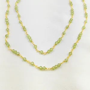 Peridot Rondelle Gemstone Beads Chain Faceted Stone 3-3.5mm Rosary Beaded Chain Gold Plated Wire Wrapped Birthstone Chains