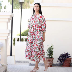 100% coton main bloc imprimé évasé à manches longues Midi à plusieurs niveaux Pastel Floral indien vêtements longue Floral bloc imprimé robe - Product Image 1