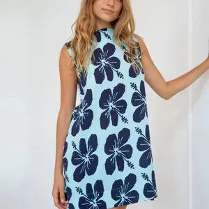 ग्रीष्मकालीन कैज़ुअल लेडीज़ ट्रॉपिकल ब्लू रिज़ॉर्ट फ्लोरल लिनन ड्रेस