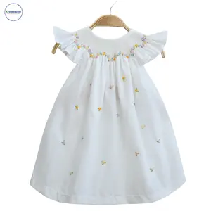 Beautiful White dress with hand embroidered flowers high-quality smocked clothing, girls dresses, children's clothing