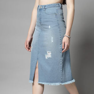 กางเกงยีนส์ทรงตรงเอวสูงสำหรับผู้หญิงกระโปรงยาวผ้ายีนส์แฟชั่นวินเทจแบบลำลอง - Product Image 1