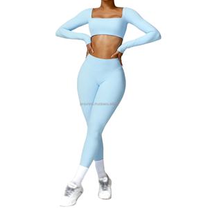 Female Athletic Wear <b>Legging</b> Sportswear 2PCS Yoga Set Women Gym Long Sleeve Sports Suits Fitness Bra <b>Crop</b> Top Workout Clothes - Product Image 5