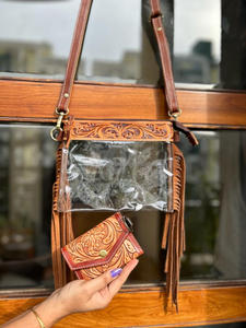 Nouveau vrai Western élégant fabriqué à la main en cuir usiné frange clair stade sacs couleur en cuir usiné changement de pièce porte-clés portefeuilles - Product Image 6