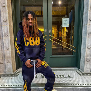 Hot selling Custom Vintage Zip Up Applique <b>Embroidery</b> Breathable Loose Fit Distressed Flare Pants & hoodie <b>sets</b> for men - Product Image 2