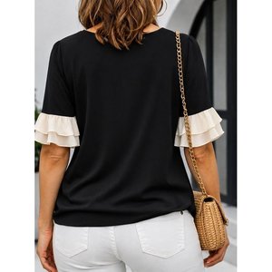 Blusa de Chifón Crepé con Mangas Cortas, Cuello Redondo, Detalle de Lazo y Volantes para Mujer, 34789 - Negro - Product Image 2
