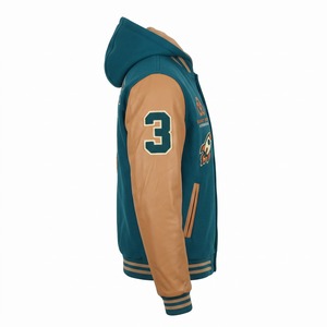 Veste Letterman à capuche Teal Tan avec manches en cuir et laine, patch Chenille Rocket, personnalisable OEM - Product Image 3