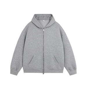 Sweat à capuche gris uni à fermeture éclair, surdimensionné, vintage, streetwear, pour homme, décontracté, chaud, en tissu de coton lourd, fabriqué en sweat à capuche - Product Image 4