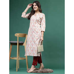 Kurtas droits imprimés blanc cassé pour femmes, hauts modestes - Product Image 1