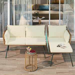 Tania canapé de patio en forme de L, ensemble de conversation de patio en osier tout temps avec table et coussins en verre trempé - Product Image 2