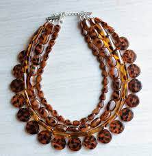 Collar de Cuentas de Resina con Diseño de Concha de Tortuga Marrón Multicapa, Joyería Elegante para Mujer, Diseño de Patrón de Hilos, Accesorio de Moda - Product Image 2