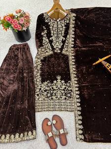 Tenues de soirée pakistanaises, dernières créations de costumes en velours, style Bollywood, haut et pantalon palazzo avec ensemble dupatta - Product Image 4