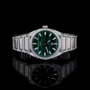 Montre automatique de luxe en acier inoxydable avec cadran en verre rayé vert, diamant de laboratoire, mouvement ETA, étanche 100 bars, pour un style étincelant - Product Image 1