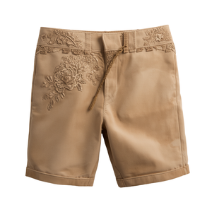 Shorts de Cuero Beige Premium con Bordado Tradicional, Estilo Festival, de Fábrica - Product Image 4