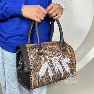 Custom Hand Tooled Leather Bull Skull Tribal Art Designer Handbag Medium Cow Leather Weekender Unisex Speedy Duffle <b>Travel</b> <b>Bag</b> - Product Image 1