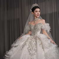 Gaun Pengantin Jancember GT064 Exclusive Sweetheart Feather Off Shoulder 3D Flower dengan Ekor Panjang