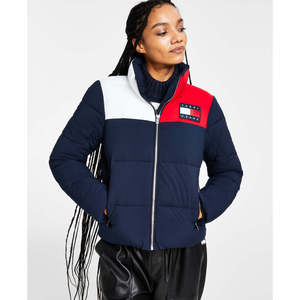 เสื้อแจ็คเก็ตพัฟเฟอร์ผู้หญิงยี่ห้อทอมมี่ ยีนส์ รุ่นควิลท์ สีบลูคัลเลอร์บล็อก  แบบบอมเบอร์สำหรับฤดูหนาว  ตกแต่งด้วยขนแกะที่ปกเสื้อ  ไซส์ใหญ่ - Product Image 1