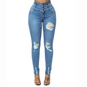 Jeans de Mezclilla Ajustados Azules Personalizados y Transpirables para Mujer, Cintura Alta, Algodón, Nuevo, Venta al por Mayor - Product Image 1