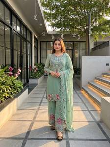 Designer Embroidery Sequence Work And Cut Work Roman <b>Silk</b> Top With Plazzo Bottom And Dupatta Fully Stitched Ready To Wear Set - Product Image 4