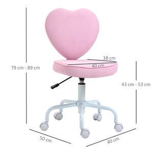 HOMCOM-Silla de escritorio con forma de corazón con 5 ruedas y altura ajustable en tela rosa, 40x50x79-89cm - Product Image 3