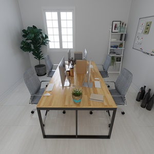 Table de bureau 4 places au design ministériel avec pieds en bois d'hévéa et en fer, dotée d'une barrière de protection sous le plateau - SFBVP003 - Product Image 3