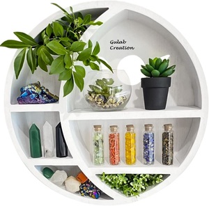 Décoration murale en bois blanc de phase de lune et étagère de présentation en cristal pour la décoration de salle Boho, spirituelle et de méditation - Product Image 1