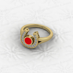 Bague de créateur en forme de fer à cheval en or rose plaqué or 14 carats de qualité supérieure, avec corail rouge de 5 mm, pour femme, Noël, faite à la main - Product Image 2