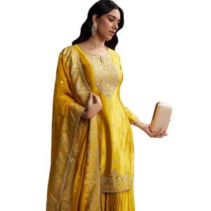Conjunto de traje amarillo Zari Palazzo con Dupatta, venta al por mayor, Ropa Étnica para mujer, fábrica de ropa OEM, proveedor a granel, moda personalizada - Product Image 4