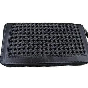 Women Fashion Genuine Black Leather Hand Weave Zip Around Purse Credit ID Card Holder Fashionable Long Clutch Wallet for Women's