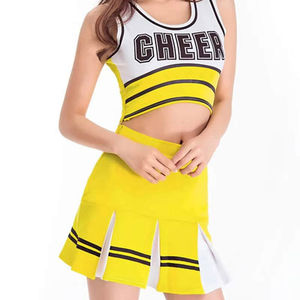 Ensembles d'uniformes de cheerleading imprimés jaunes et blancs pour filles, vente en gros, logo personnalisé, 100% polyester, séchage rapide, service OEM - Product Image 5