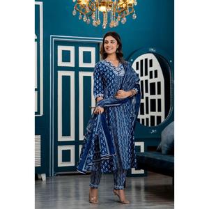 Anarkali Kurta azul índigo para mujer con pantalones y motivos étnicos Dupatta impresos ropa de Festival indio Salwar Kameez para niñas - Product Image 1