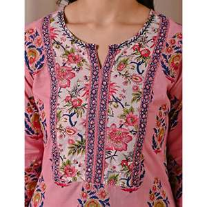 ชุดคุर्ตาอัฟกานีสีชมพูพิมพ์ลายบล็อกทรงตรงสไตล์ลำลองสำหรับฤดูใบไม้ผลิ/ฤดูร้อน เสื้อแขนสามส่วน - Product Image 2