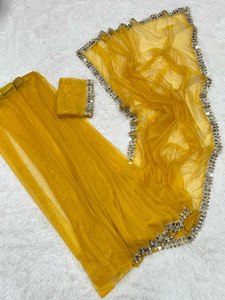 ชุดผ้าส่าหรีแบบพิเศษสำหรับพิธีปักลายลูกไม้ขอบสีเหลืองมีชิ้นเสื้อพิเศษสองตัน - Product Image 5