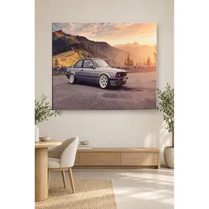Impression sur toile Fida Silver BMW E30 au coucher du soleil dans les montagnes - Product Image 1