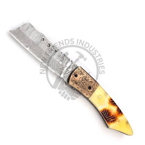Portable Custom Handmade OEM Damascus Steel EDC Folding Pocket Hunting Knife with Engraved Brass & Bone Handle Customizable - Product Image 1