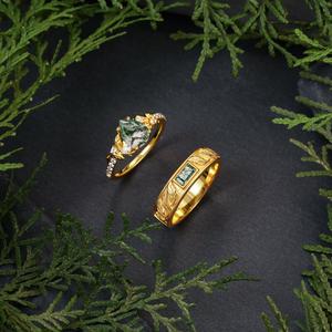 Jeulia Nature Inspired Leaf Carved Moss Agate Couple <b>Rings</b> <b>Set</b> - Product Image 5