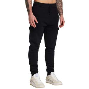 Pantalón de sudor de carga colectivo negro para hombre, ajuste cónico, cintura elástica, tela pesada, bolsillos con cremallera, sensación suave de cepillado - Product Image 4