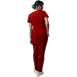 Conception à la mode rouge Spandex médical gommages ensemble unisexe professionnel hôpital infirmière uniforme col en v haut pantalon clinique soins de santé utilisation - Product Image 3