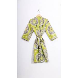 Chaqueta Kimono de Algodón Kantha Hecha a Mano, la Más Vendida, para Mujer, con Estampado de Motivos Verdes, Cuello en V, Cierre con Cordón, Transpirable, Tipo Bata - Product Image 6