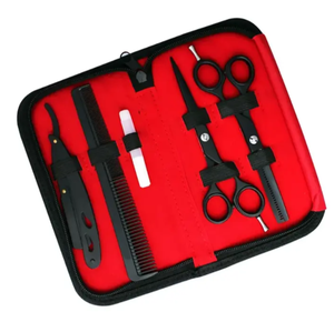 Kit de tijeras de peluquero de acero con revestimiento negro profesional Tijeras de adelgazamiento de corte de cabello con estuche de cuero de afeitar Herramientas para el cabello de uso en salón - Product Image 1