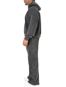 Haute qualité strass lavage à l'acide Jogging survêtements Flare pantalons de survêtement ensemble hommes polaire survêtements survêtement - Product Image 6