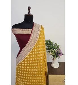 Sari Banarasi en Georgette Khaddi Pur de Luxe, Tissé à la Main, Tissu Fin Traditionnel pour Fêtes, Broderie Zari Intriquée, Drapage Élégant - Product Image 6