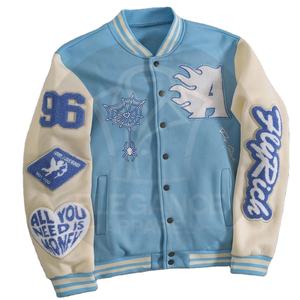 Patchwork Blanco Azul Contraste Color Buena Venta Diseño único Adulto Ropa exterior Durable Breasted College Baseball Varsity Jacket - Product Image 2