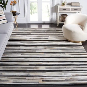 Tapis en cuir de vachette de luxe fait à la main, motif rayé, cuir véritable, antidérapant, adapté aux animaux domestiques, tapis à poils courts pour salon - Product Image 2
