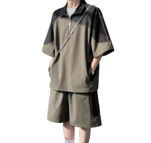 High Quality 96% Polyester 4% Spandex Quarter Zipper Sports Short Sleeve T-Shirt Sportswear 2-<b>PC</b> Activity Top Men's Shorts <b>Set</b> - Product Image 3