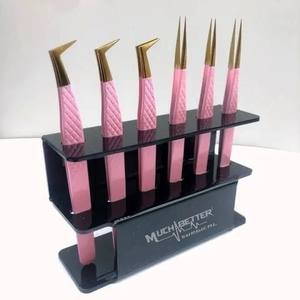 Juego de pinzas para pestañas de volumen con punta de fibra de etiqueta privada personalizada Pinzas para pestañas de acero inoxidable para extensión de pestañas con rosa claro - Product Image 3