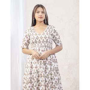 Abito in cotone stampato <span class=keywords><strong>beige</strong></span> <span class=keywords><strong>bianco</strong></span> personalizzato, taglie forti, con vita impero, taglia XS, ideale per serate in discoteca <span class=keywords><strong>e</strong></span> occasioni casual. - Product Image 1