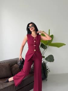 Ensemble de costume sans manches pour femme, couleur bordeaux, boutons sur le devant, pantalon élégant, tenue d'automne, coupe classique, tissu satiné - Product Image 3
