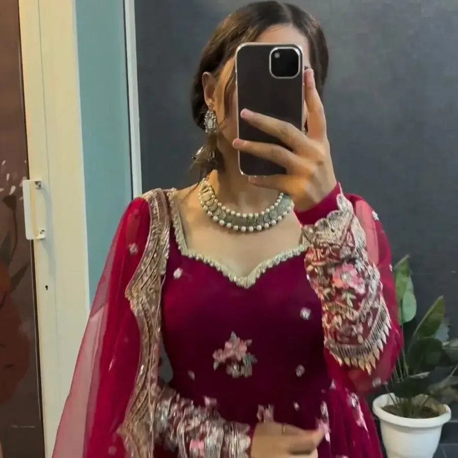 DIWALI trend tasarım ANARKALI özel kiraz pembe fantezi çiçeklenme GEORGETTE dizileri işlemeli iş ANARKALI üst ve pantolon